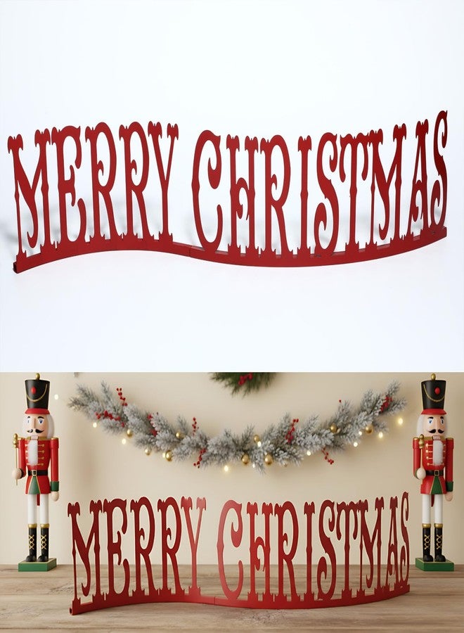 Fiwochic Merry Christmas Sign 27.56 x 5.91 Inches Metal Christmas Tabletop Word Decoration Red Decorative Freestanding Xmas Table Centerpiece for Xmas Party Fireplace Mantel Decor - Image 1